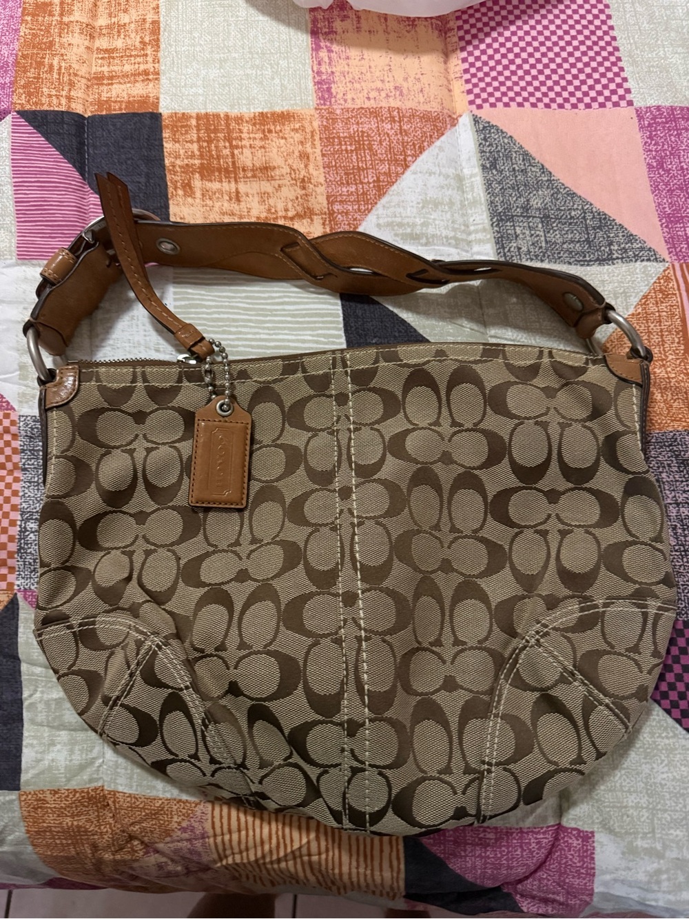 Coach Brown Signature Canvas Hobo Bag with Leather Trim